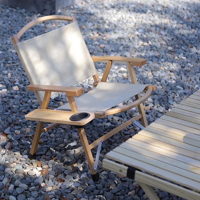 Nordic Simple Solid Wood Deck Canvas Folding Beach Chair Wooden Kermit Chair With Cup Holder For Banquet