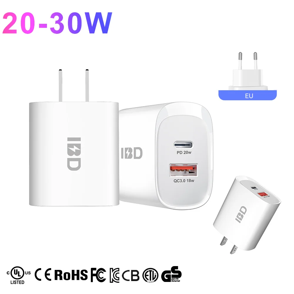 IBD OEM Logo Full Qc Pd 15w 18w 20watt 22.5w 24w 25w Pd25w Phone Usb c Adaptive Super Fast Type c 20w 25 Watt Dual Wall Charger