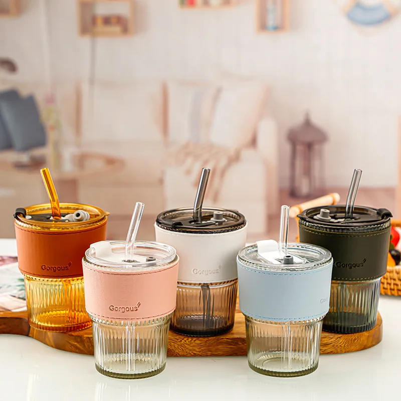 Wholesale Custom Logo Stripe Glass Coffee Cup 400ml Reusable Juice Milk Mug with Straws Lids