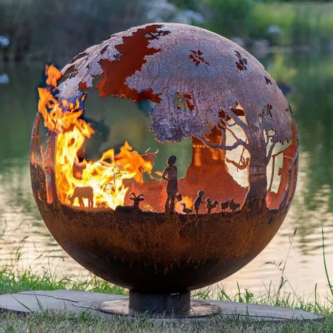 Rusty Metal Sphere Corten Steel Fire bowl heavy duty Metal steel fire pit