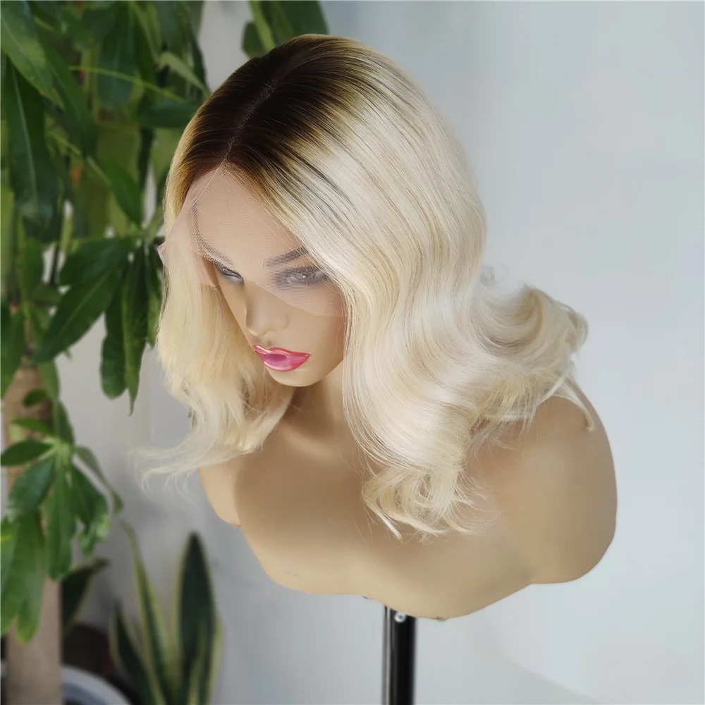 
New Coming Stock Luxury Balayage Ombre Dark Brown To Blonde Color Wavy Lace Front Short Bob Hair Wigs 