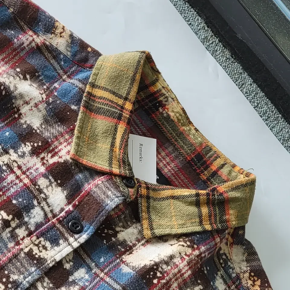 best men casual hip hop plaids long type custom logo embroidery distressed bleach flannel shirt