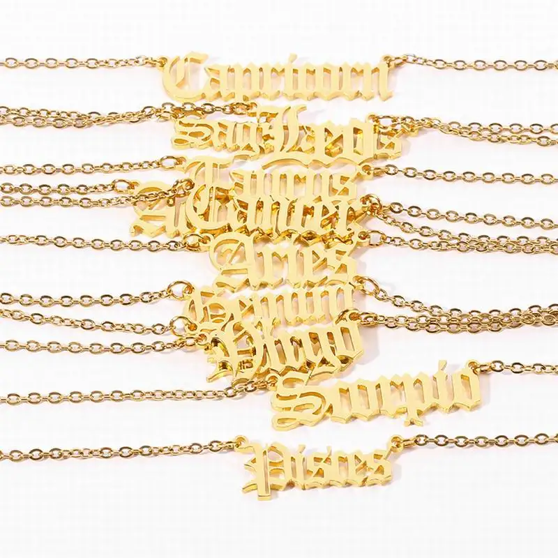 Fashion 18K Gold Plated Stainless Steel Horoscope Star Jewelry Pendant 12 Zodiac Sign Nameplate Zodiac Necklace