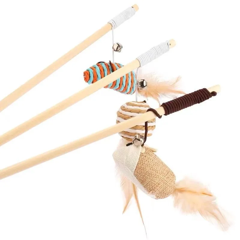 Factory Direct Sale Wooden Mouse With a Sounding Bell the Cat Charmer Wand Teaser Stick Toy