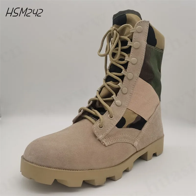 CMH,cheap price suede leather+camouflage mesh fabric desert boots outdoor training hard rubber sole sand tactical boots HSM242