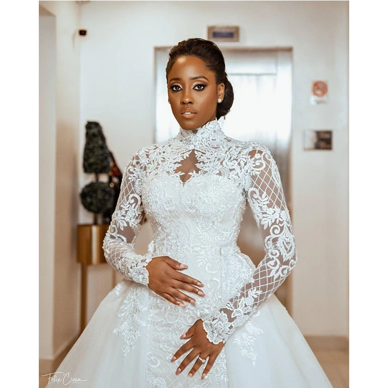 2 in 1 African Mermaid Wedding Dresses Bridal Gowns High Neck Long Sleeves Lace satin bride dress