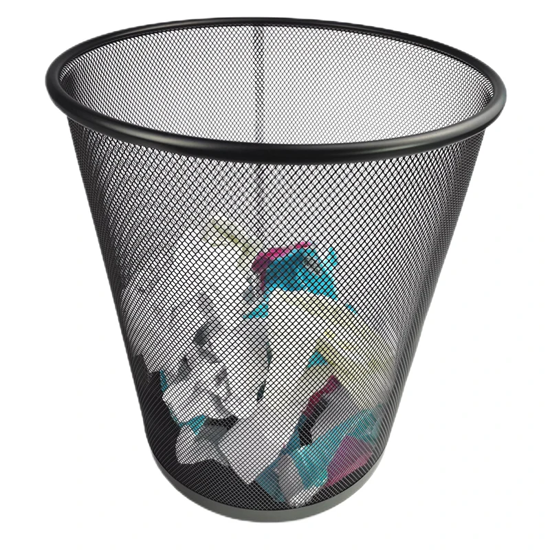 Office Cheap Paper Basket Black Metal Mesh Trash Can Paper Waste Bin Easy to Clean Design Home Kitchen Basket