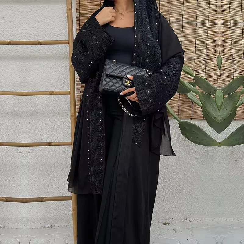 PROMISTAR Latest Chic Belt Waist Design Linen Islamic Clothing Women Modest Abaya Dresses Kimono Cardigan Plaid Muslim