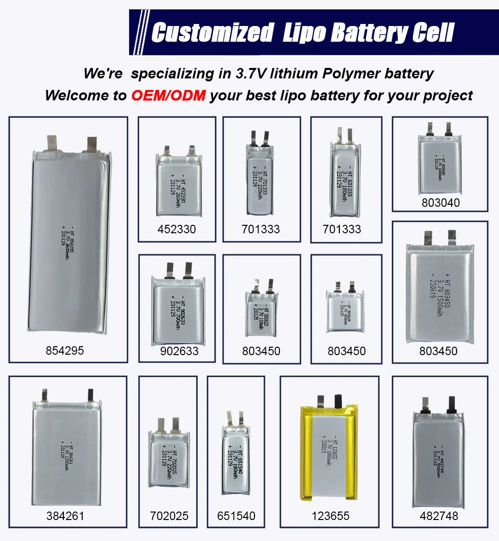 3.7V Lipo Battery 200mAh 230mAh 250mAh 280mAh Lithium Polymer Battery for Beauty Instrument ( 501245 501447 502025 502030 )