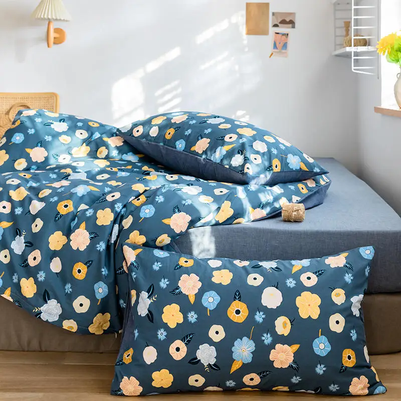 blue flowers plain printed duvet cover sets bed sheet washed bedding set