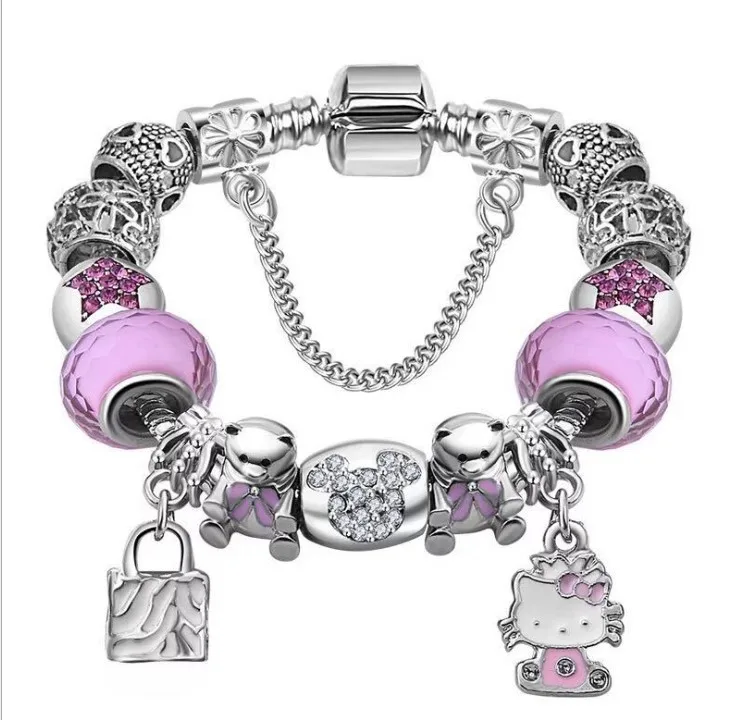 Fine Jewelry Pink Beaded Bracelets Hot Selling Cat Diamond DIY Women Hello KittyBracelets & Bangles