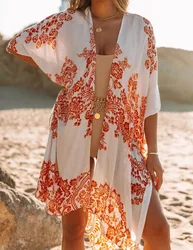 Summer Floral Loose Open Front Beach Cover Ups Tops For Women Long Chiffon Kimono Cardigan