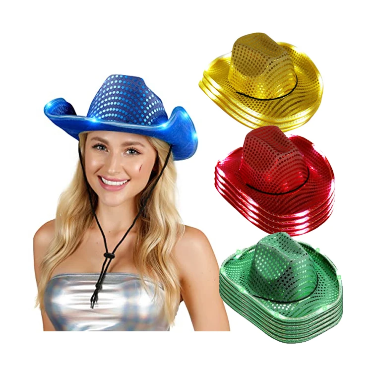 Stock Led Light Up Western Led Cowboy Hat Halloween Christmas Festival Sequin Party Hats Cosplay Character Costume Hats