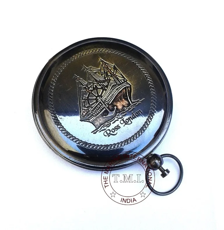 Винтажный черный античный карманный компас Ross London Ship с кнопочной кнопкой и гравировкой