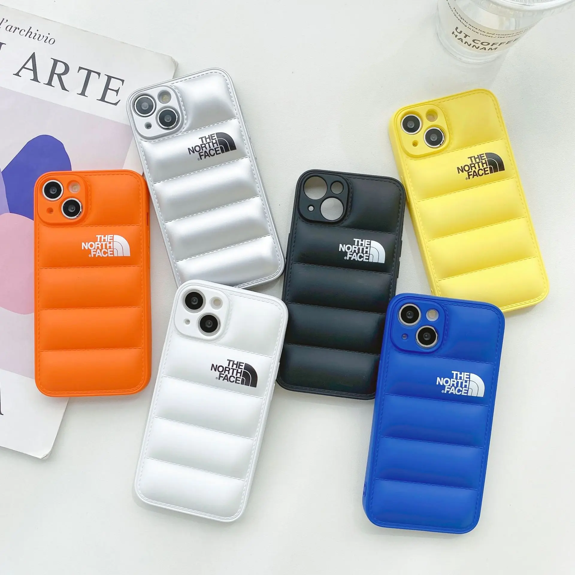 Ins Style Same Color Frame North Face Puffier Cotton Jacket TPU Phone Back Cover Case For iPhone 14 13 12 11 X XS XSMAX XR 7P 8P