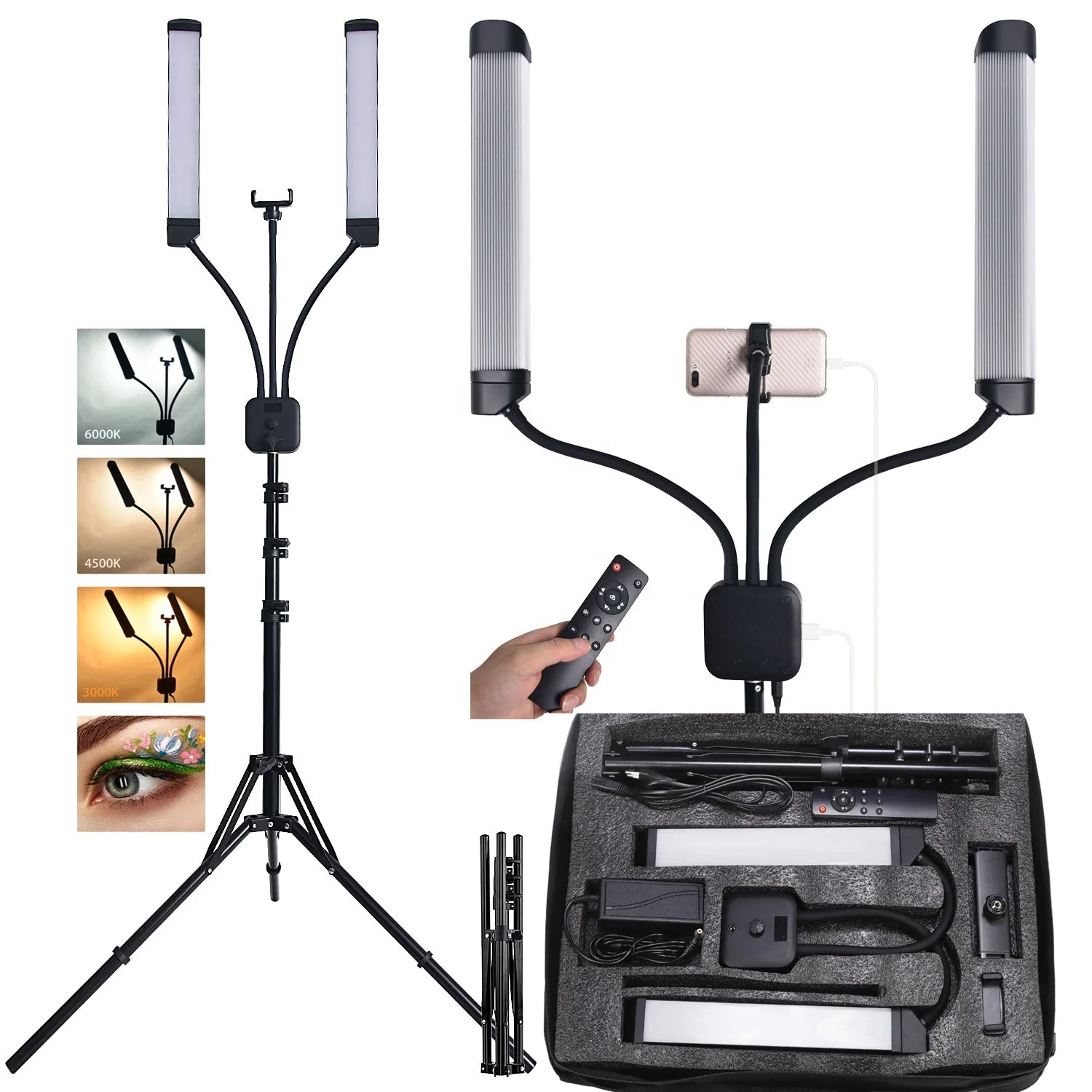 double 2 arm led vlogging kit video lighting film shooting 50w selfie ring light for phone camera