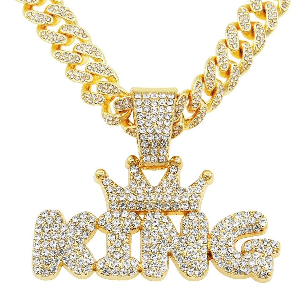 European Fashion Hip Hop Rap Jewelry Bling Rhinestone Iced Out Miami Cuban Link Chain Crown KING Pendant Necklace Men