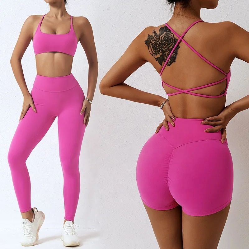 New Women Sexy Workout Backless Bandeau Tube Top Bra High Waist Scrunch Butt Lift Leggings 2 Piece Fitness Gym Yoga Suit Set