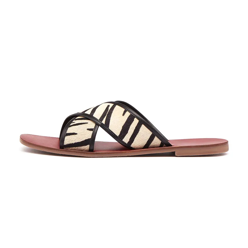 Open Toe Leather Insole and Rubber Sole With Crisscross X-Strap Leather Upper Flat Slide Female Slippers