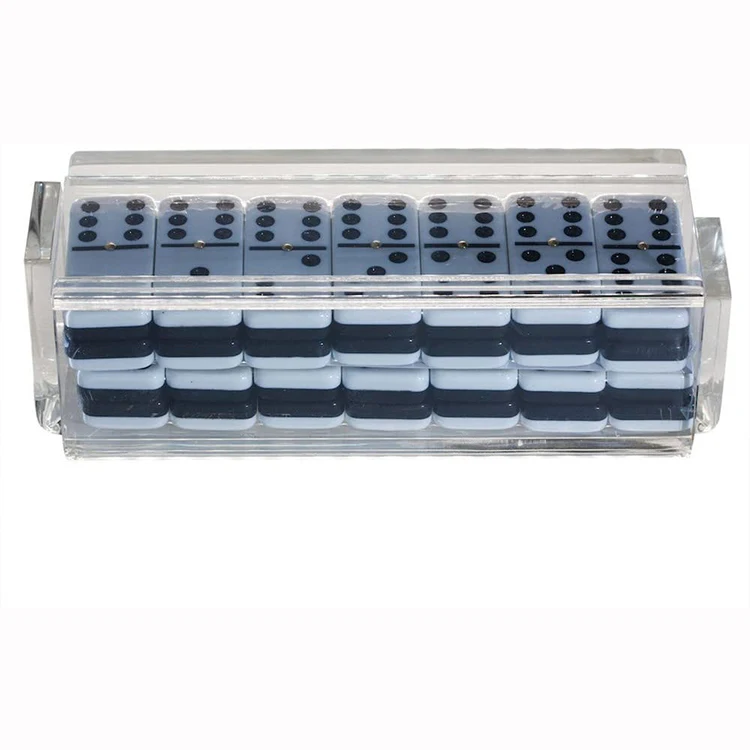 Double Six Acrylic Dominoes Set Professional Two Toned Lucite Black White Dominoes Tiles With Spinners And Rack