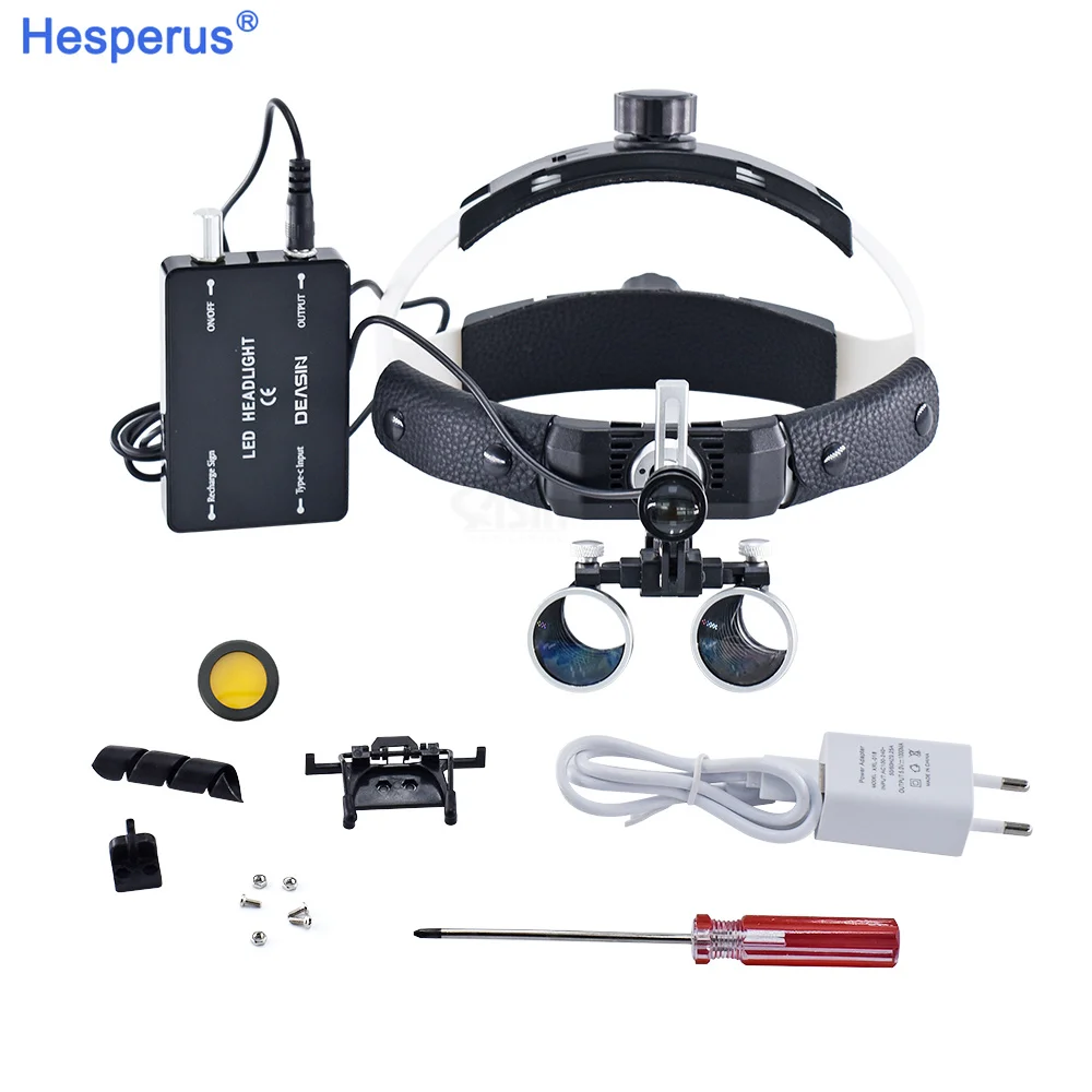 ENT Head Wearing Binocular Dental Headlight Loupe 2.5X 3.5X with 5W Spotlight with Rechargeable Lithium Battery Angle Adjustable