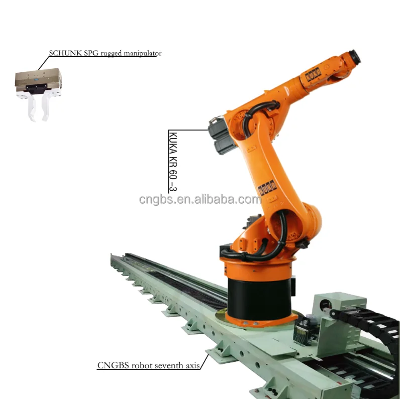 Handling High Payload KUKA Industrial Robot KR60-3 Robotic Manipulator with Fixtures and Robot Guide Rail for Stacking
