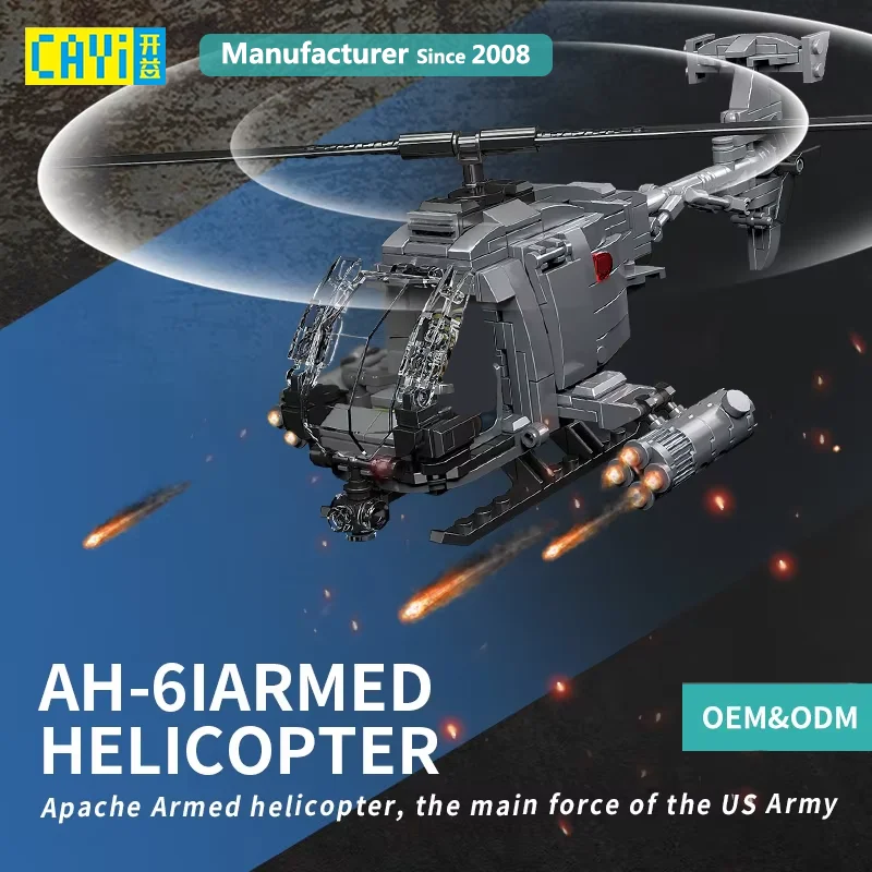 CAYI 2025 WW2 Military Series AH-6i Armed Helicopters Fighter Jet Building Bricks Building Block Set Block Toy Gift for Children