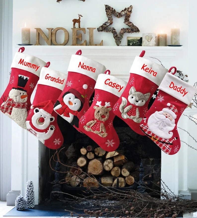 Custom Velvet Embroidery Red Christmas Stockings Hot Santa Felt Xmas Personalize Holiday Stocking