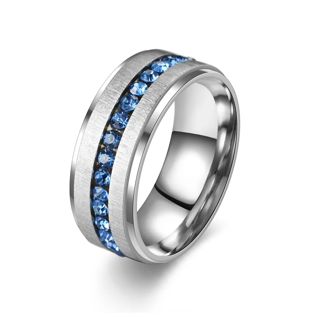 Unique 8MM Mens Silver Color Stainless Steel Ring Inlay Blue  Men Engagement inger Ring