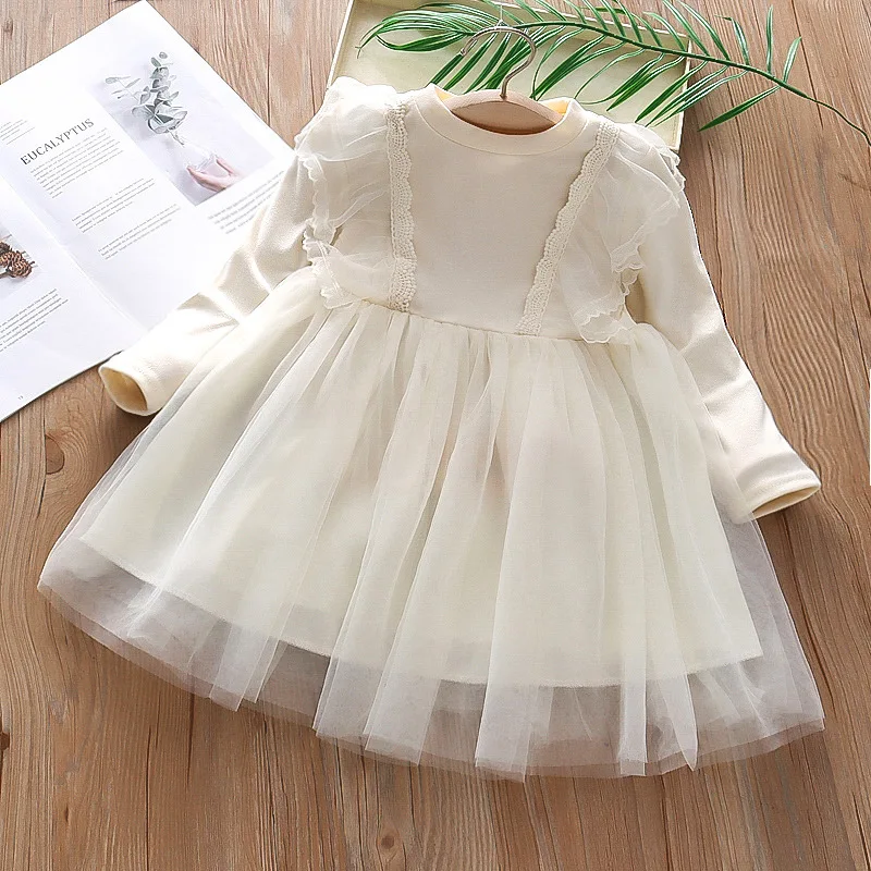 Wholesale Cheap Price Sweet Girls Princess Dress Spring And Autumn Clothing Crew Neck Knee Length Long Sleeve  Dresses