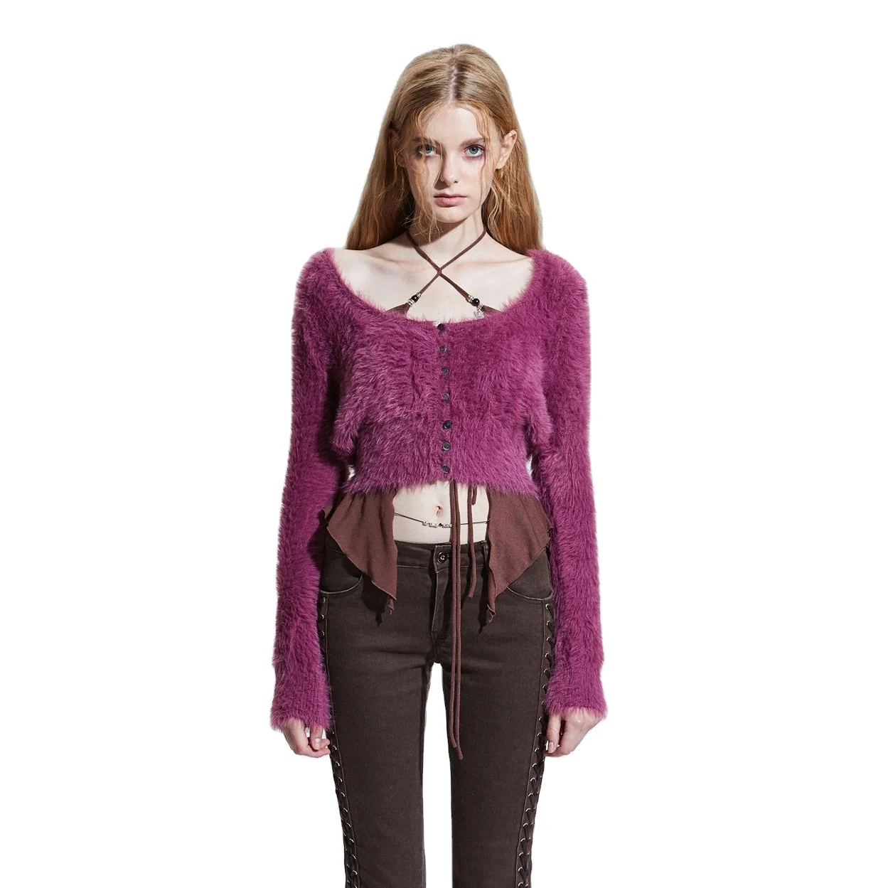 Custom Ladies Spring Autumn Knit Thick Manufacturer Mohair Top Sexy Girls Drop Shoulder Cardigan Botton Women Crop Sweater