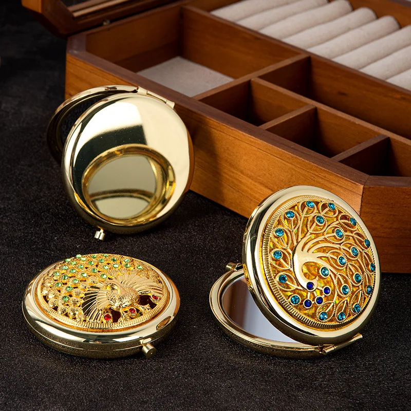 Retro Fashion Beauty Makeup Creative Cosmetic Mirror Vintage Gifts Metal Crystal Rhinestones Jewel Pocket Small Promotion Mirror