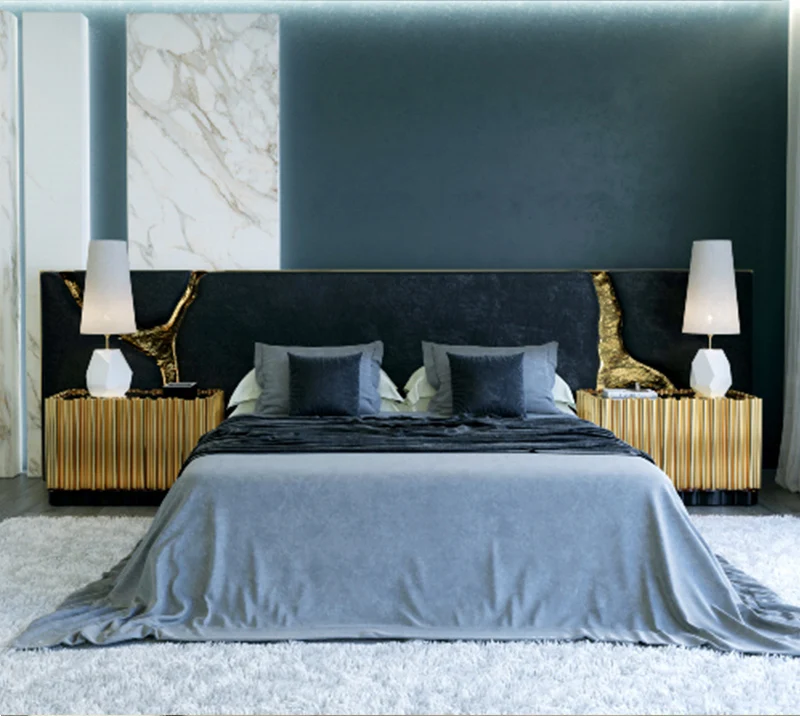 Итальянская кровать Lapiaz с обивкой и золотым покрытием из нержавеющей стали роскошная вилла спальная большого размера индивидуальная Настройка