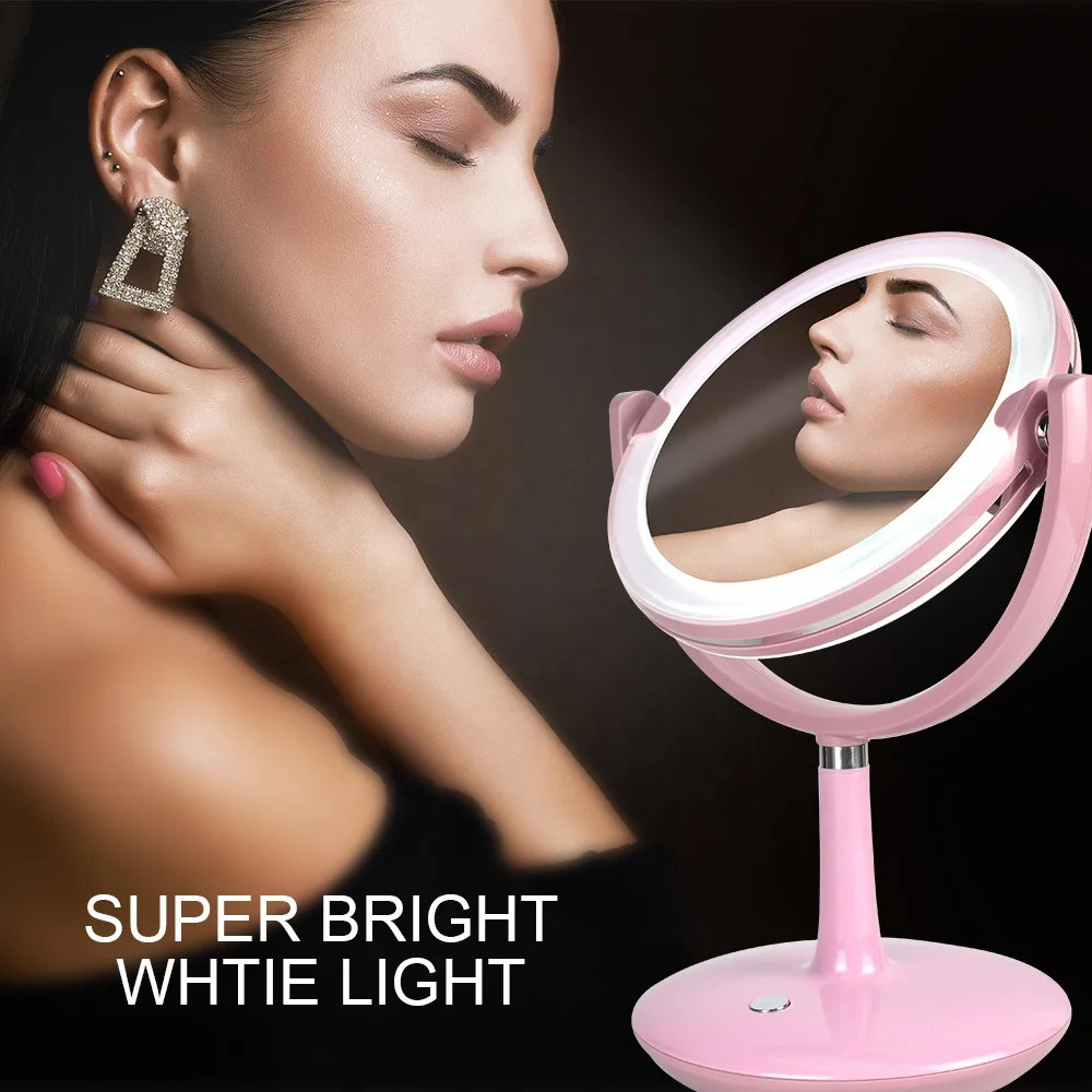 Table stand and plastic double sided desktop led makeup cosmetic mirror