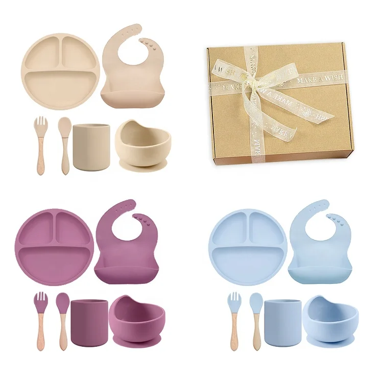BPA FREE Platos de silicona Other Baby Feeding Products Silicone Bib Spoon Bowl Baby Suction Plate Cup Silicone Baby Feeding Set