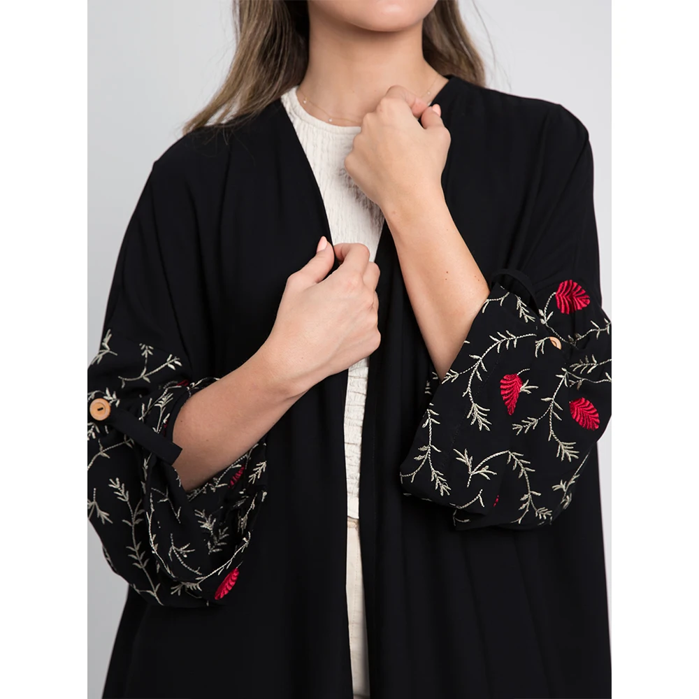 New Modest Fancy Open Black Muslim Abaya Embroidery Sleeve Latest Spring Roses Black Abaya Designs