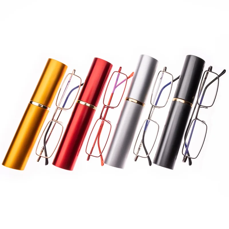 SKYWAY Portable Anti Blue Light Blocking Rectangle Metal Frame Elderly Reading Eye Glasses With Pen Case