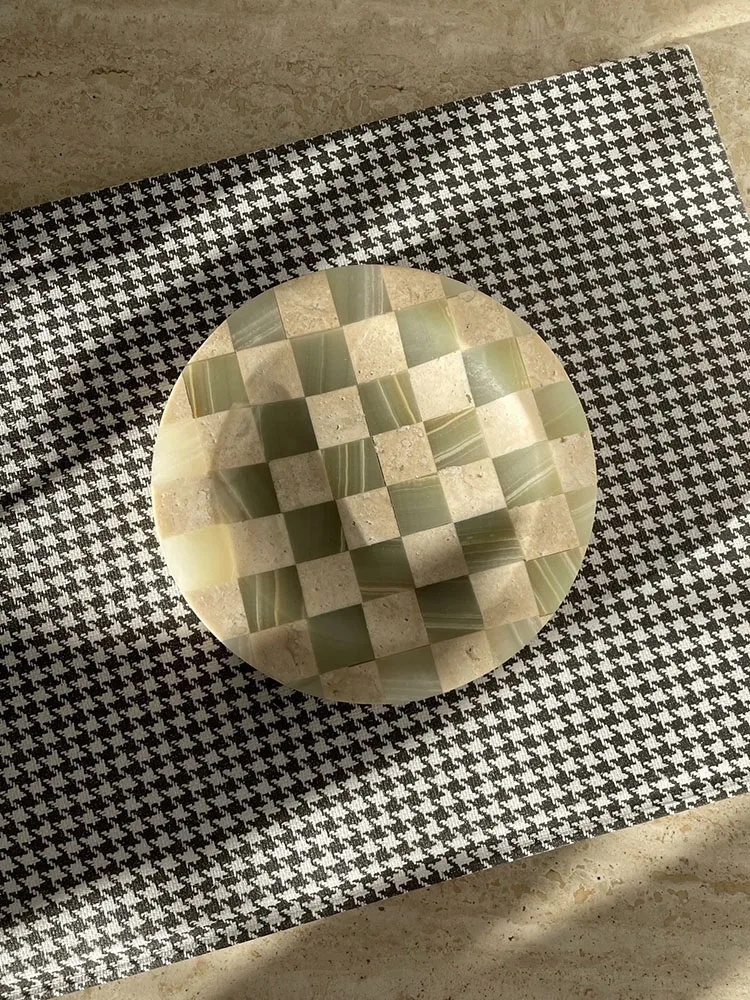 stonekocc D12CM Vintage Checkered Mosaic Green Onyx with Travertine Marble Catchall Small Item Storage Organization Serving Tray