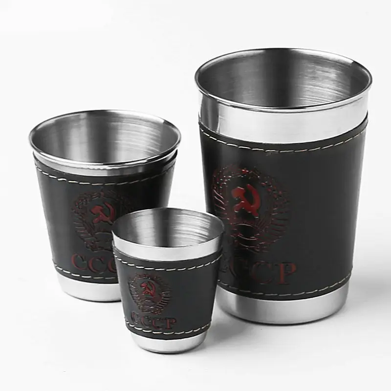Custom 4 Pcs Drinking Vessel 75ml Metal  With PU Leather Case Stainless Steel Cup Travel Shot Glasses