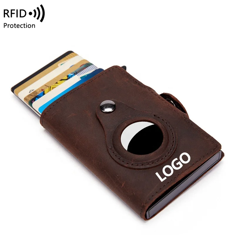 hot selling RFID blocking men Genuine Leather card holder Pop Up aluminum wallet minimalist Air Tag protective case Card Holder