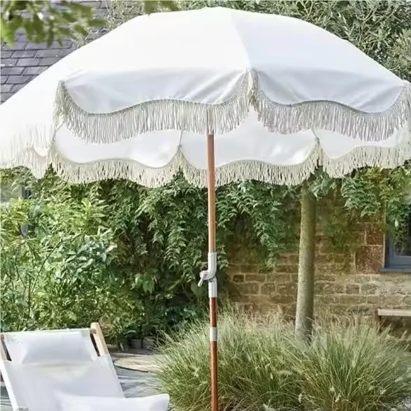 Free Logo Wooden Pole Canvas Waterproof Patio Swimming Pool Sun Garden Beach Outdoor Parasols Umbrella With Tassels