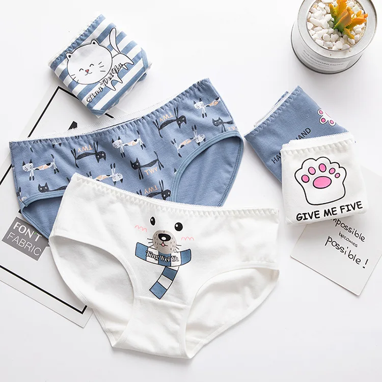 Young Girls Comfort Women Underwear Seamless Cartoon Cute Print Cotton Panties