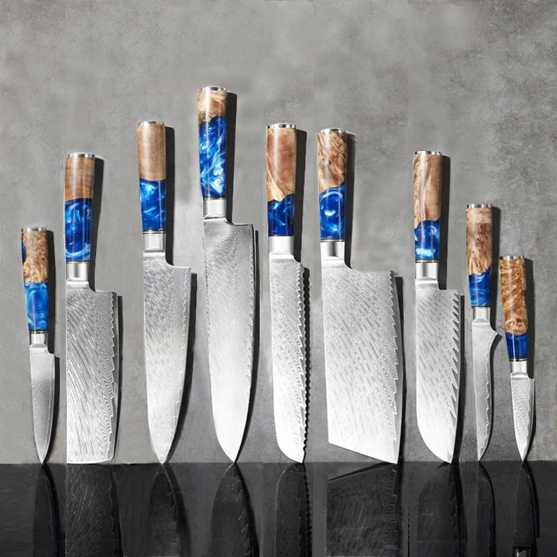 67-Layer Japanese VG10 Steel Core - Unique Blue Resin Wood Handle Damascus Steel Knife