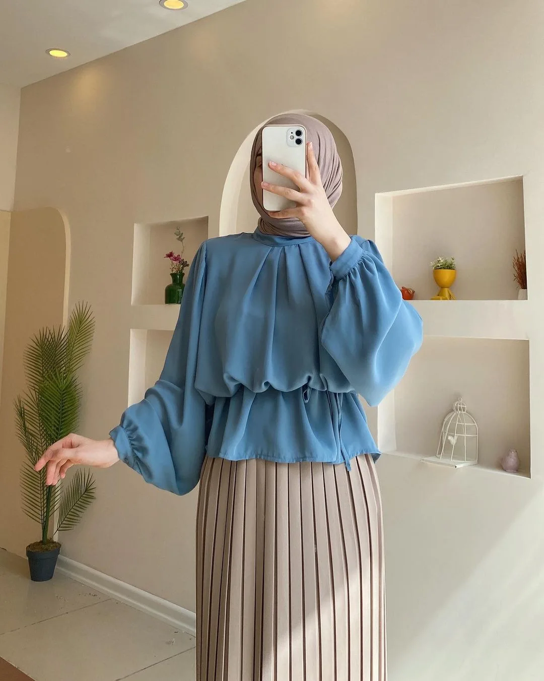 New Arrival 2 piece Fashion Long Lantern Sleeve Shirt Middle East Dubai abaya Muslim Blouse Vintage Pleated Skirt Suit