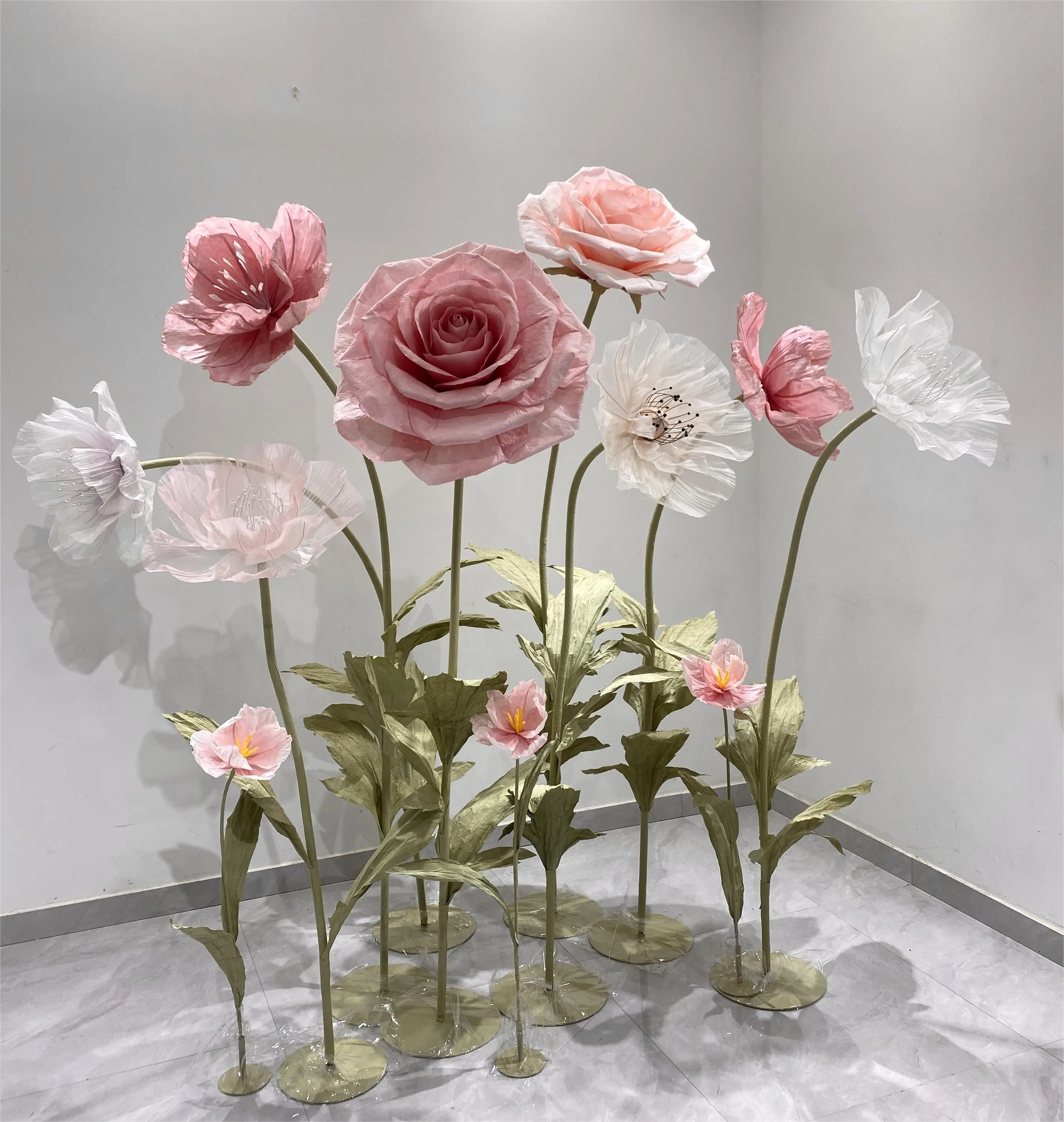 Floral set of paper rose silk poppy artificial giant flowers group for wedding rental party event window display decoration