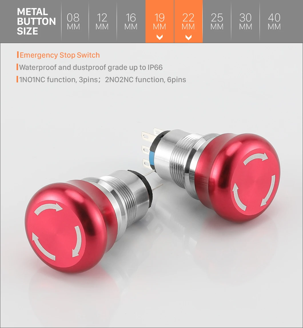 19mm Waterproof Metal Latching Emergency STOP Mushroom Push Button Switch 1NO 1NC  Rotary Switch