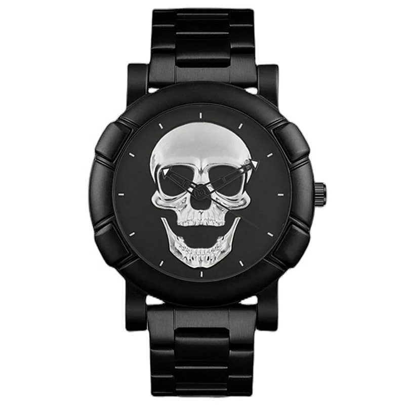 Y335 New arrival popular Luxury black round steel  strap human skeleton skull quartz watch for men