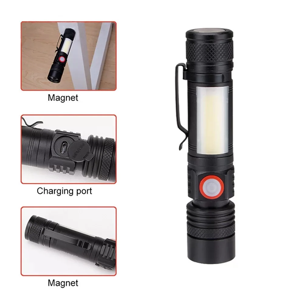 2022 New handy sturdy T6+COB 2 in 1 tactical zoom glare led flashlight TYPE-C rechargeable long range magnetic led torch