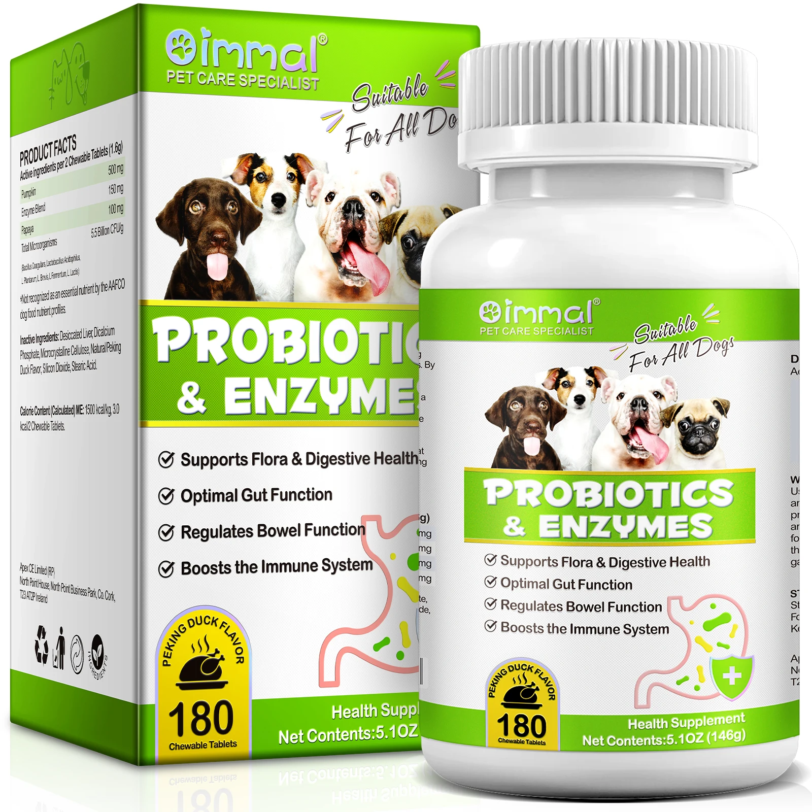 OIMMAI pet dog probiotics and gut health supplement papaya digestive enzyme chewable tablets pet probiotics tablets