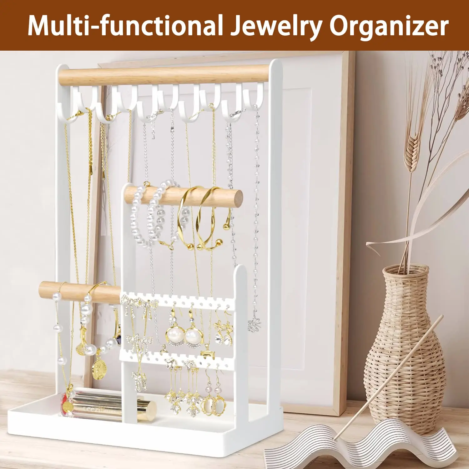Jewelry Organizer Stand With Ring Holder 4 Tier Jewelry Tower With 10 Hooks Necklace Organizer And Watch Bracket Holder